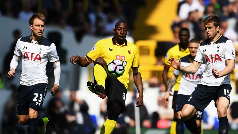 Watford's Stefano Okaka of Watford controls the ball during match against Tottenham Hotspur