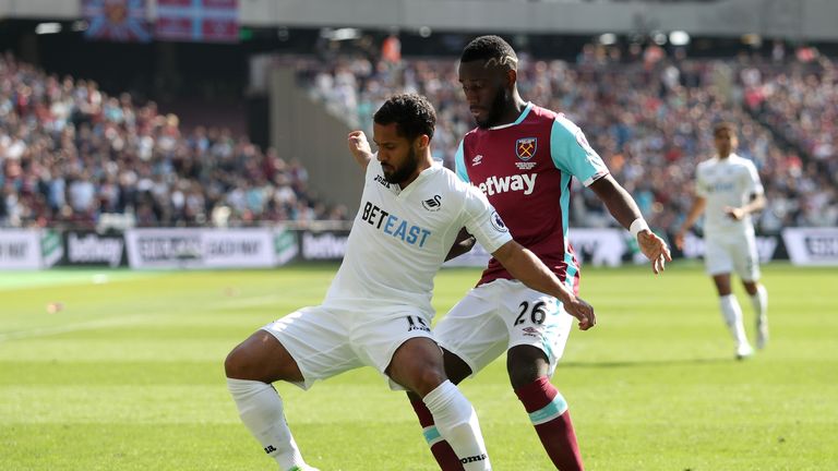 STRATFORD, ENGLAND - APRIL 08: Wayne Routledge of Swansea City (L) is put under pressure from Arthur Masuaku of West Ham United (R) during the Premier Leag