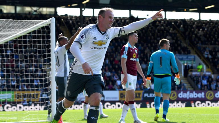 BURNLEY, ENGLAND - APRIL 23:  Wayne Rooney of Manchester United celebrates after scoring his team's second goal during the Premier League match between Bur