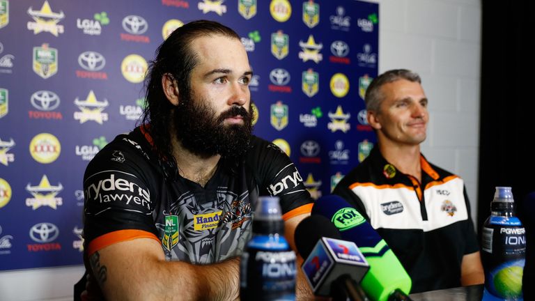 TOWNSVILLE, AUSTRALIA - APRIL 08:  West Tigers coach, Ivan Cleary and Aaron Woods of the Tigers speak with the media following the round six NRL match betw