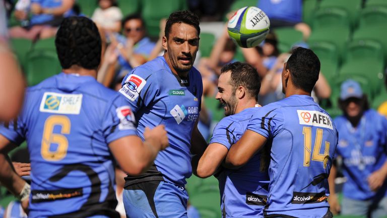 Western Force's players celebrate the team's first try during the Super Rugby match between Australia's Western Force and South Africa's Kings in Perth on 