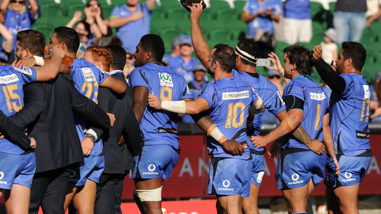 Western Force players look towards fans following their win in the Super Rugby match between Australia's Western Force and South Africa's Kings in Perth on