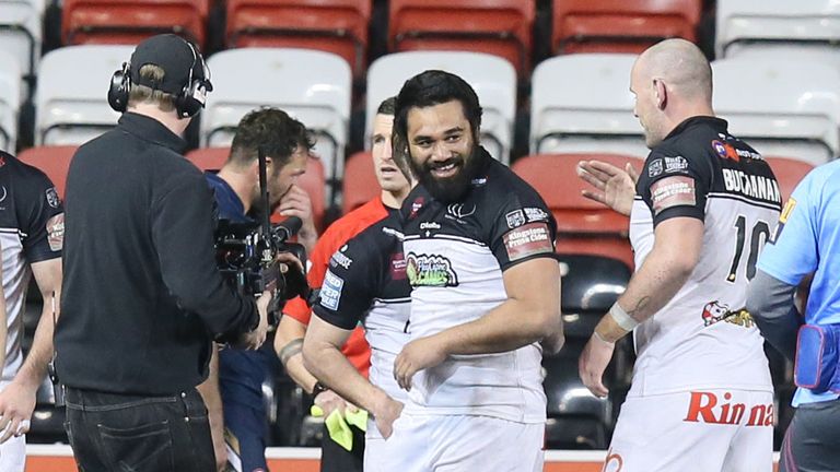 Widnes Vikings v St Helens - Select Security Stadium, Widnes, England - Widnes Vikings Patrick Ah Van celebrates scoring the 3rd try and his 2nd