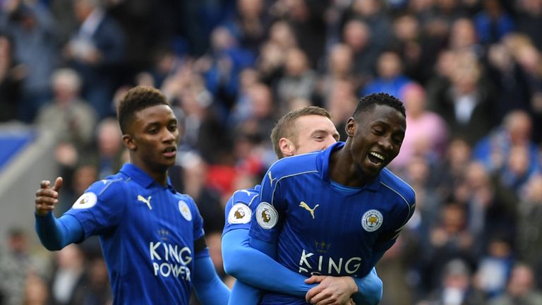 Wilfred Ndidi of Leicester City celebrates scoring his side's first goal against Stoke