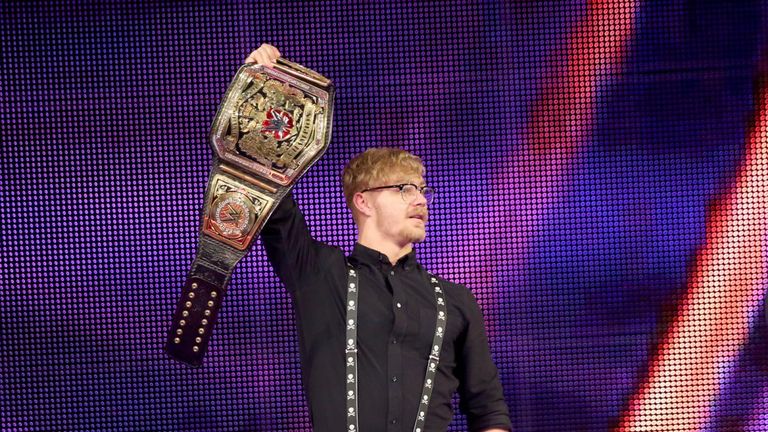 Tyler Bate shows of his WWE UK Championship belt on 205 Live