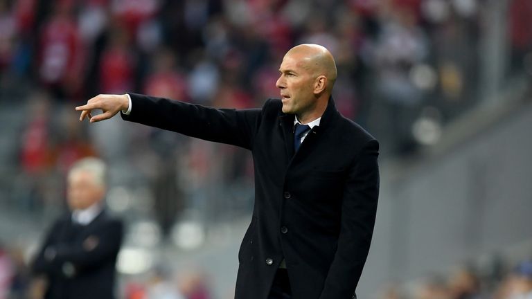 Zinedine Zidane gestures during the Champions League quarter-final between Real Madrid and Bayern Munich