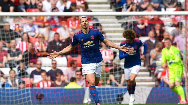 SUNDERLAND, ENGLAND - APRIL 09:  Zlatan Ibrahimovic of Manchester United celebrates scoring the opening goal during the Premier League match between Sunder