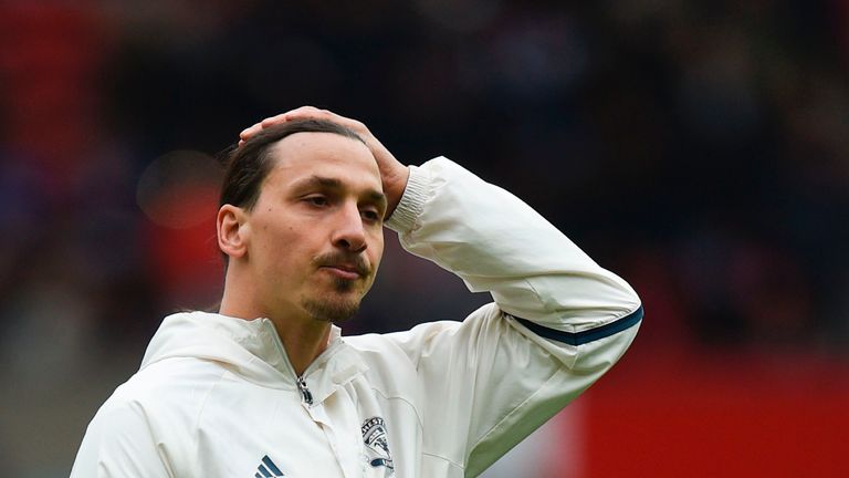 Manchester United striker Zlatan Ibrahimovic gestures prior to the Premier League match v Chelsea at Old Trafford