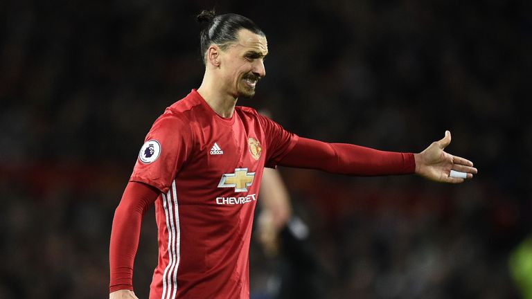 Manchester United's Swedish striker Zlatan Ibrahimovic reacts during the English Premier League football match between Manchester United and Everton at Old