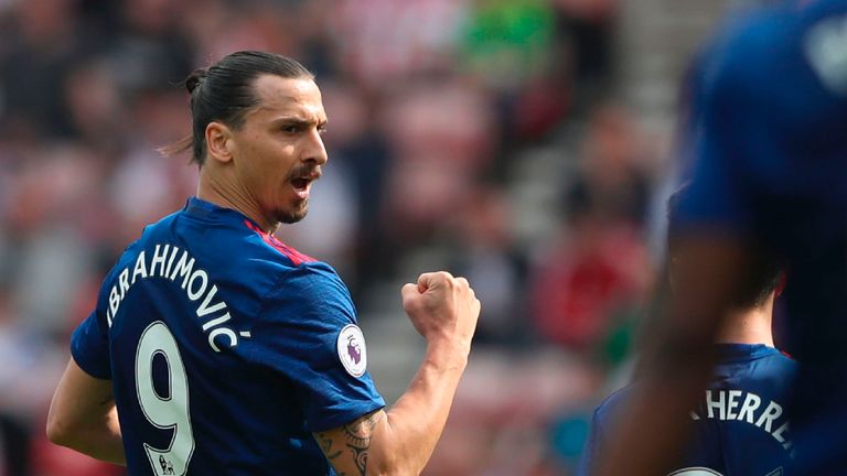 Manchester United's Swedish striker Zlatan Ibrahimovic celebrates scoring the opening goal during the English Premier League football match between Sunderl