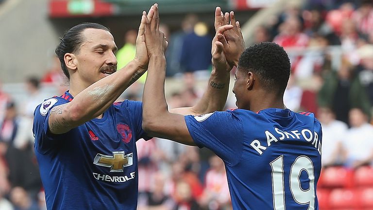 Zlatan Ibrahimovic and Marcus Rashford celebrate Rashford's goal, Sunderland v Manchester United, Premier League, Sunday 9 April 2017