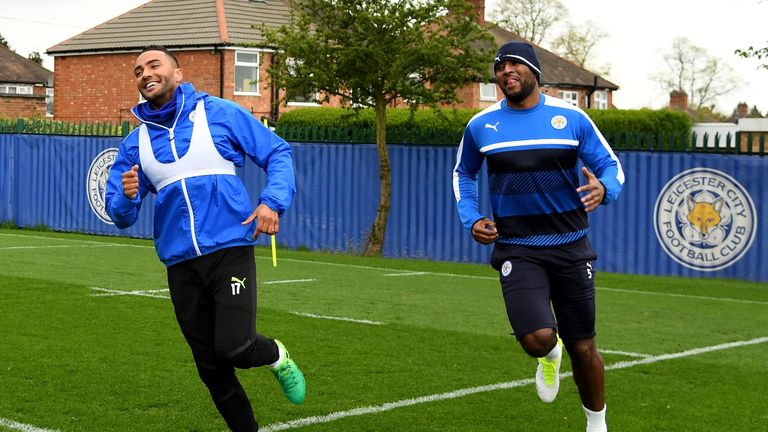 Wes Morgan (right) returned to training for Leicester on Monday ahead of their Champions League quarter-final second leg against Atletico Madrid.