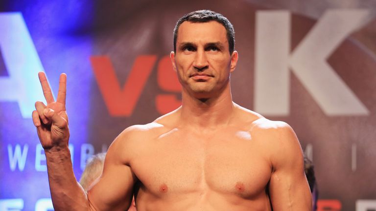 LONDON, ENGLAND - APRIL 28:  Wladimir Klitschko poses during the weigh-in prior to the Heavyweight Championship contest against Anthony Joshua at Wembley A