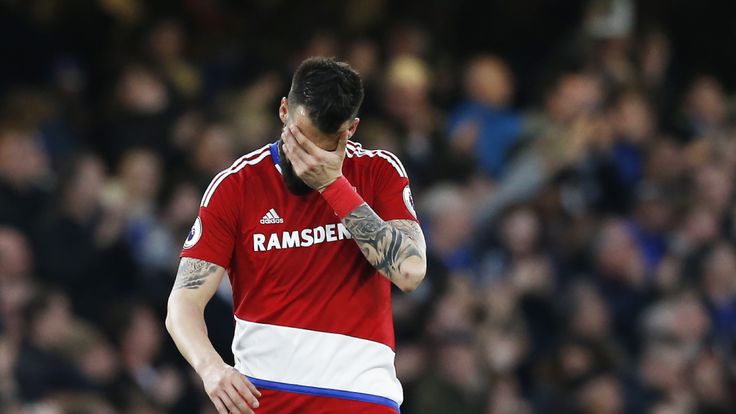 Alvaro Negredo reacts after Chelsea double their lead at Stamford Bridge