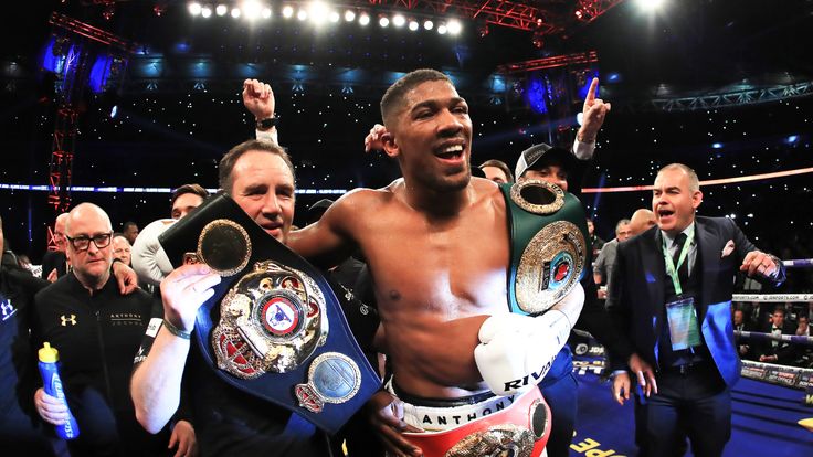Anthony Joshua celebrates victory over Wladimir Klitschko in their heavyweight world title bout