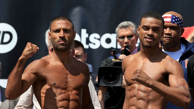 Kell Brook (left) and Errol Spence Jnr during the weigh-in at Sheffield City Hall.