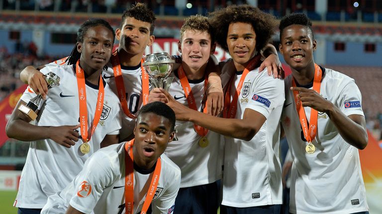 England's Dominic Solanke and Izzy Brown are among those celebrating winning the UEFA Under-17 European Championship final on May 21, 2014 in Malta