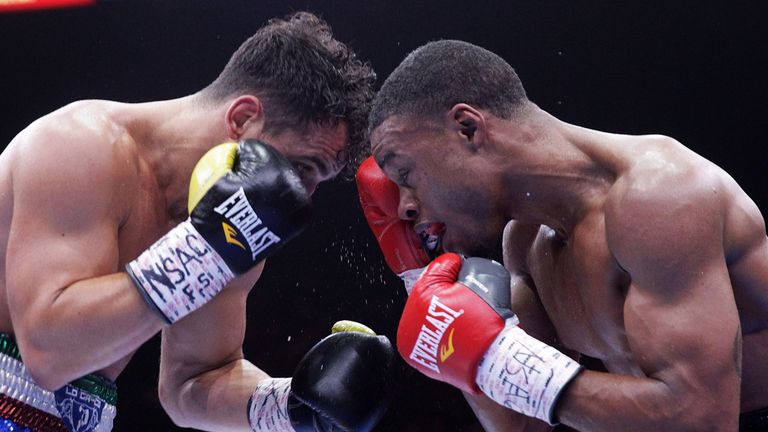 LAS VEGAS, NV - JUNE 20:  Phil Lo Greco (L) and Errol Spence Jr. fight during their welterweight bout at MGM Grand Garden Arena on June 20, 2015 in Las Veg