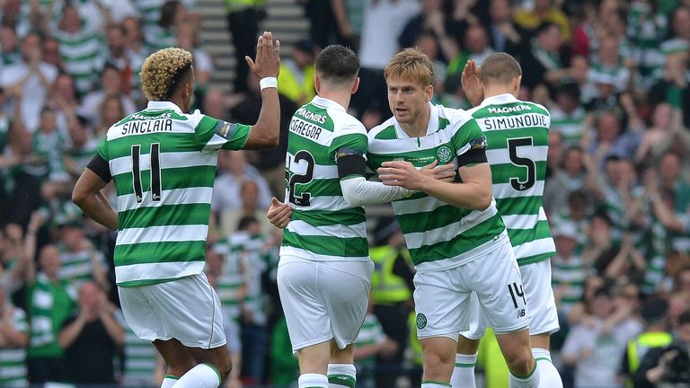 Stuart Armstrong (L3) of Celtic celebrates scoring a goal early in the first half during the William Hill Scottish Cup Final v Aberdeen at Hampden Park