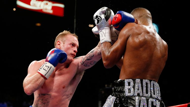 LAS VEGAS, NV - SEPTEMBER 12:  George Groves throws a left at Badou Jack during their WBC super middleweight title fight at MGM Grand Garden Arena on Septe
