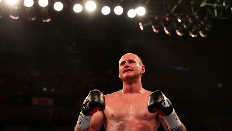 LONDON, ENGLAND - APRIL 09:  George Groves of England celebrates after defeating David Brophy of Scotland during the WBA International Super-Middleweight t