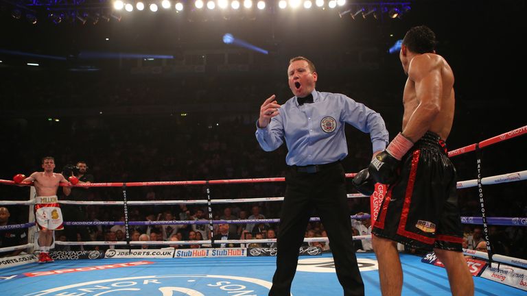 MANCHESTER, ENGLAND - JULY 18: Darleys Perez has a point deducted by referee Howard Foster during his WBA World Lightweight Championship contest against An