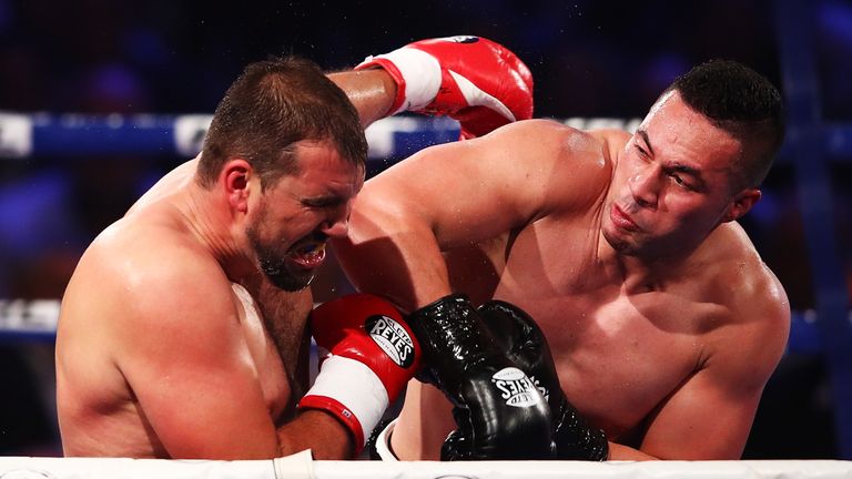 AUCKLAND, NEW ZEALAND - MAY 06:  Joseph Parker of New Zealand fights Razvan Cojanu of Romania for the WBO Heavyweight Title at Vodafone Events Centre on Ma