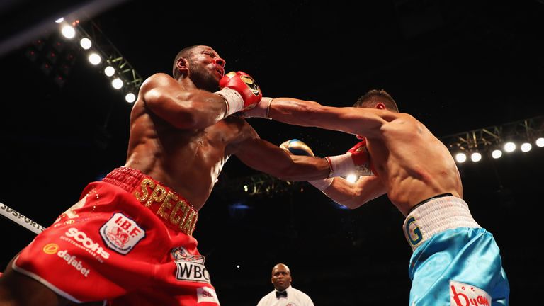 LONDON, ENGLAND - SEPTEMBER 10:  Gennady Golovkin (blue trunks) and Kell Brook (red trunks) in action during their World Middleweight Title contest at The 