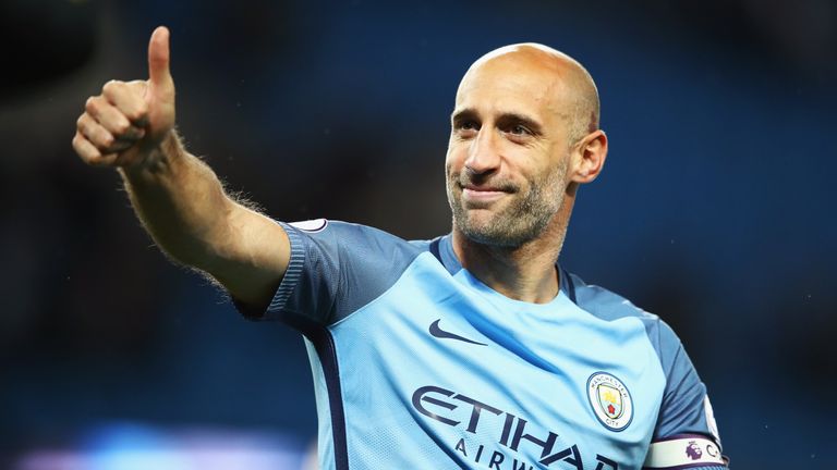 Pablo Zabaleta shows his appreciation to Manchester City fans after their 3-1 win against West Brom