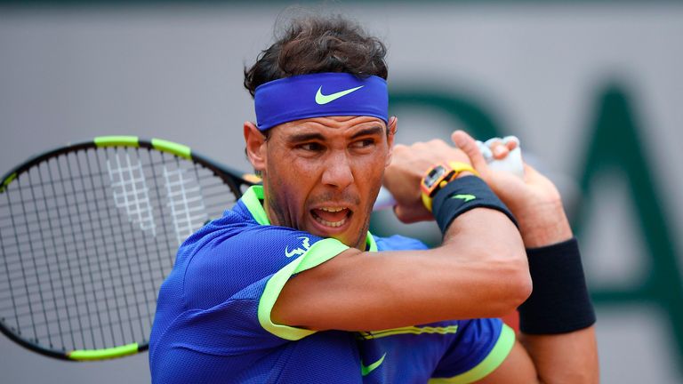 Spain's Rafael Nadal hits a return to France's Benoit Paire during their tennis match at the Roland Garros 2017 French Open on May 29, 2017 in Paris.  / AF
