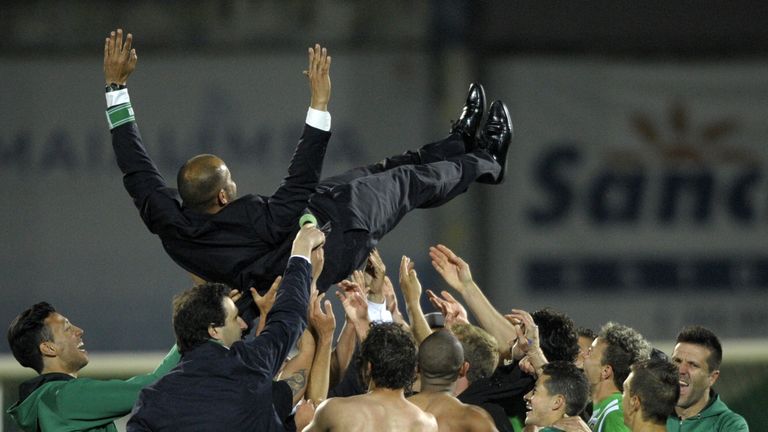 Rio Ave's coach Nuno Espirito Santo is tossed at the end of the Portuguese Cup semi-final win over Braga in April 2014