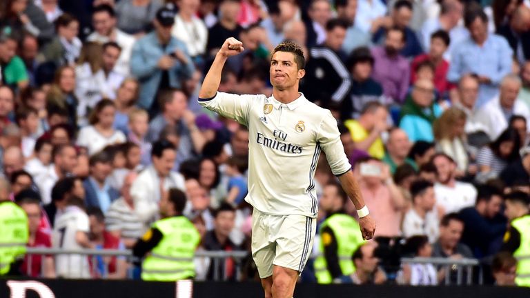 Real Madrid's Portuguese forward Cristiano Ronaldo celebrates scoring his 400th goal