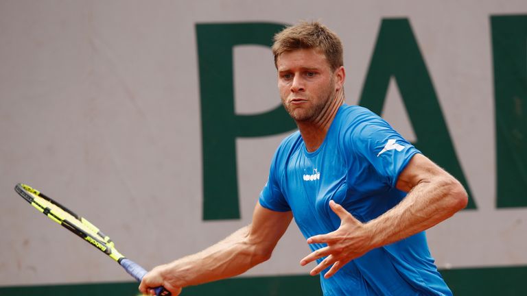 PARIS, FRANCE - MAY 29:  Ryan Harrison of The United States plays a forehand during the mens singles first round match against Aljaz Bedene of Great Britai