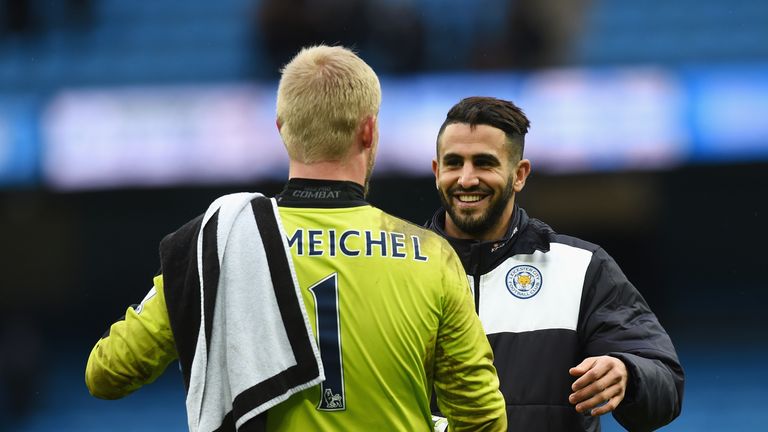 Leicester City players Kasper Schmeichel and Riyad Mahrez