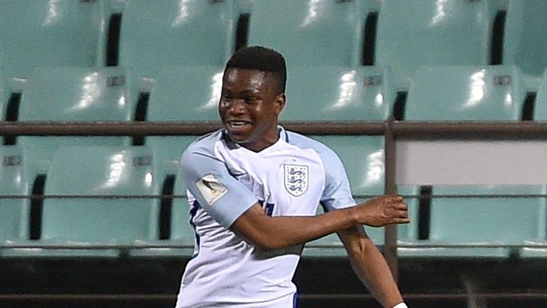 England's forward Ademola Lookman celebrates scoring during their U-20 World Cup round of 16 football match between England and Costa Rica in Jeonju on May