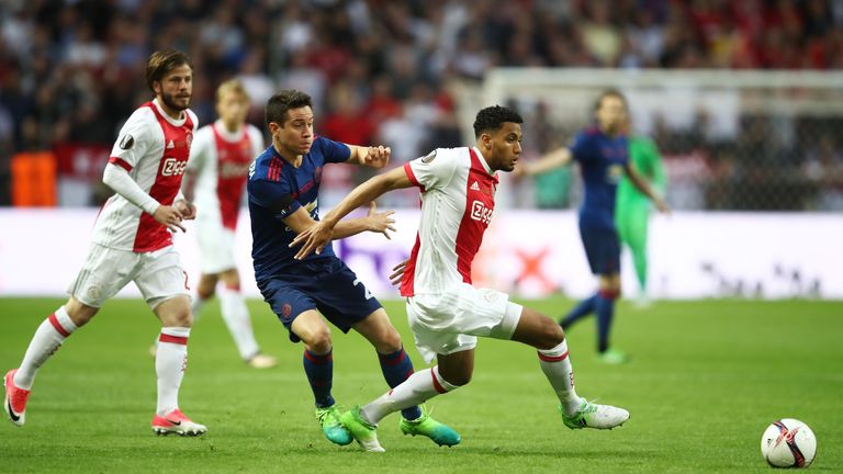 STOCKHOLM, SWEDEN - MAY 24: Ander Herrera of Manchester United and Jairo Riedewald of Ajax battle for possession during the UEFA Europa League Final betwee