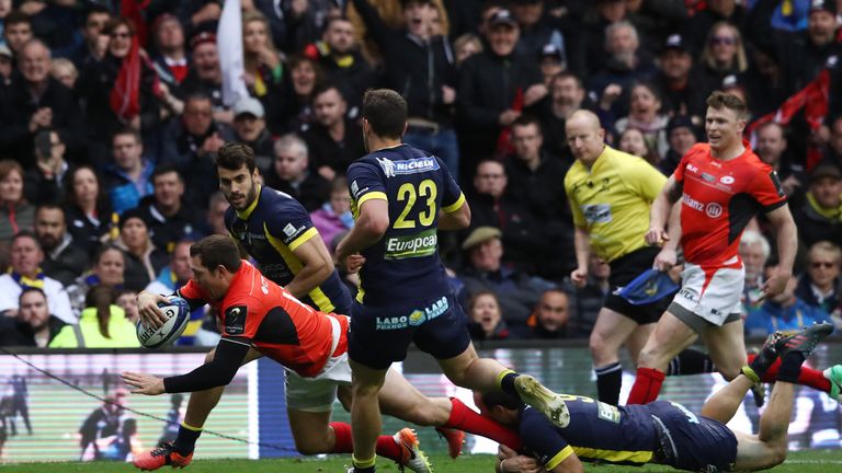 EDINBURGH, SCOTLAND - MAY 13 2017:  Alex Goode of Saracens dives over to score his team's third try during the European Rugby Champions Cup Final