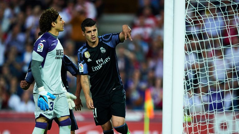 Alvaro Morata celebrates scoring for Real Madrid against Granada