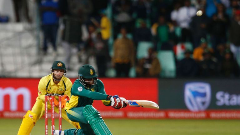 South African batsman Andile Phehlukwayo plays a shot during the third ODI between South Africa and Australia at Kingsmead cricket stadium on October 5, 20