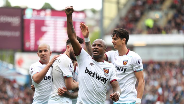 Andre Ayew celebrates his goal mid-way through the second half at Turf Moor
