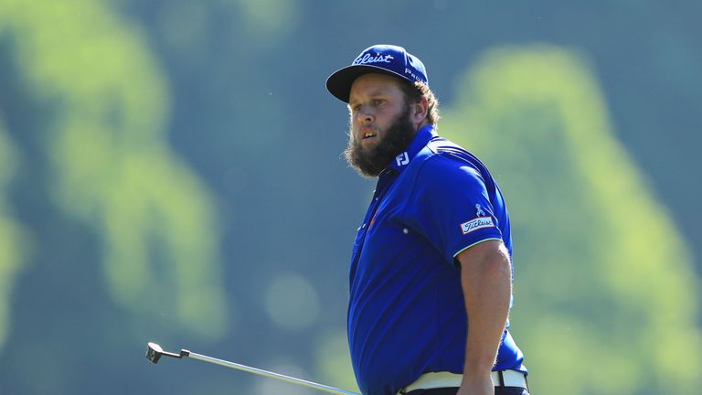 VIRGINIA WATER, ENGLAND - MAY 26:  Andrew Johnston of England reacts on the 1st green during day two of the BMW PGA Championship at Wentworth on May 26, 20
