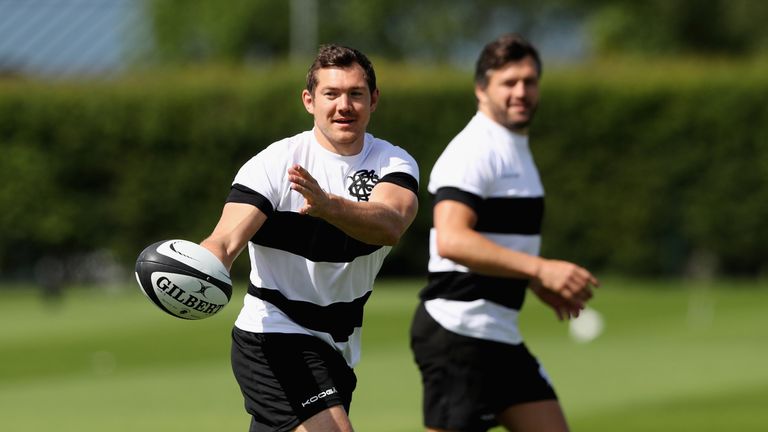 Alex Goode passes the ball during the Barbarians training 