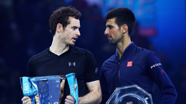Andy Murray talks to Novak Djokovic his victory during the at the Barclays ATP World Tour Finals
