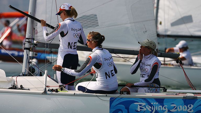  Mandy Mulder, Annemieke Bes and Merel Witteveen of the Netherlands compete in the Yngling class race held at Beijing Olympics