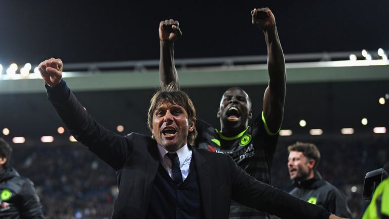 Antonio Conte, Manager of Chelsea celebrates winning the league after victory at West Brom