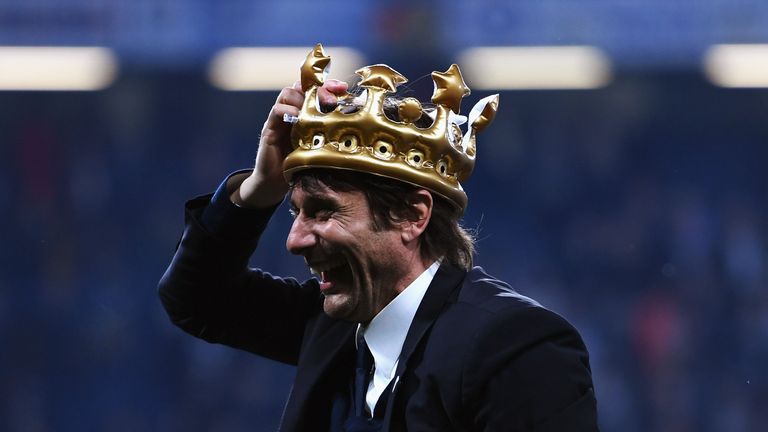 LONDON, ENGLAND - MAY 15:  Antonio Conte, Manager of Chelsea celebrates with a inflatable crown after the Premier League match between Chelsea and Watford 