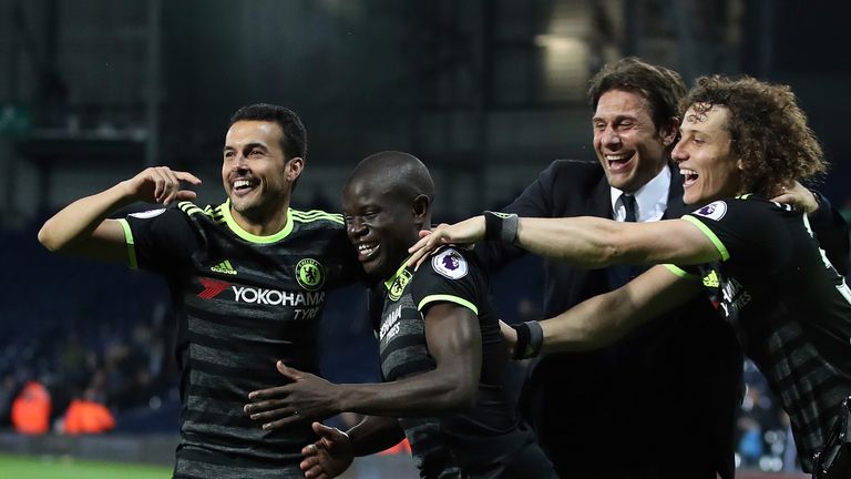 Chelsea's Pedro celebrates with team-mates N'Golo Kante and David Luiz alongside Antonio Conte after the Premier League match at West Brom
