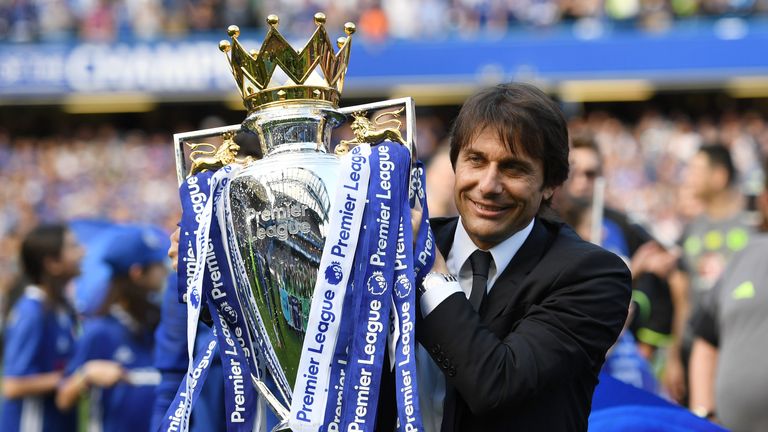 Antonio Conte celebrates Chelsea's Premier League title win