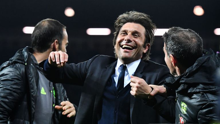 Chelsea's Italian head coach Antonio Conte celebrates victory after the English Premier League match between West Bromwich Albion and Chelsea at The Hawtho