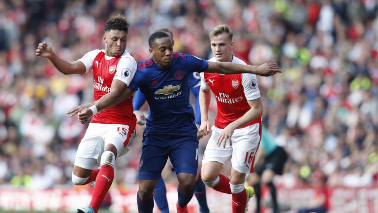 Arsenal's English midfielder Alex Oxlade-Chamberlain (L) and Arsenal's English defender Rob Holding (R) block Manchester United's French striker Anthony Ma